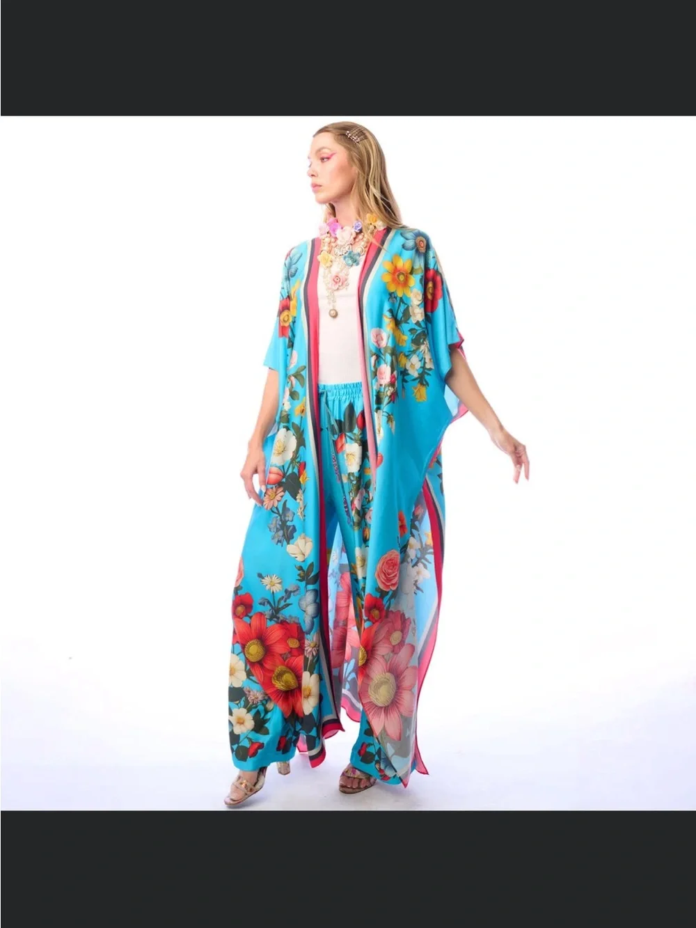 H98.NWT Aratta Floral Garden Vibrant Floral Turquoise Kaftan $219 - Picture 7 of 7
